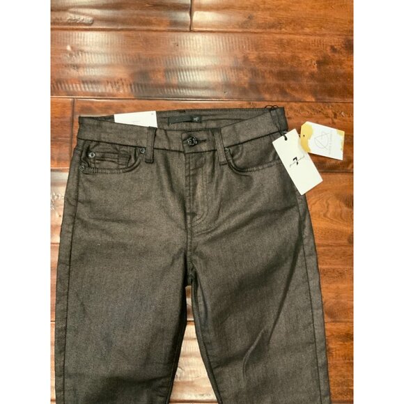 7 For all Mankind Black  & Gold Metallic Coated The Ankle Skinny Jeans Sz 26 NWT - Picture 2 of 6